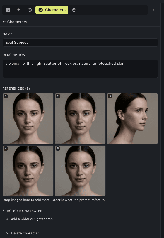 The Characters panel in Inline Studio: a character named Eval Subject with its locked description, five numbered reference thumbnails, a suggestion to add a wider or tighter crop, and a delete action