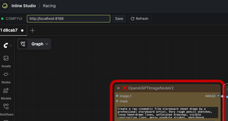 Inline Studio's Generate tab, pasting the ComfyUI address into the URL field next to the Save button.