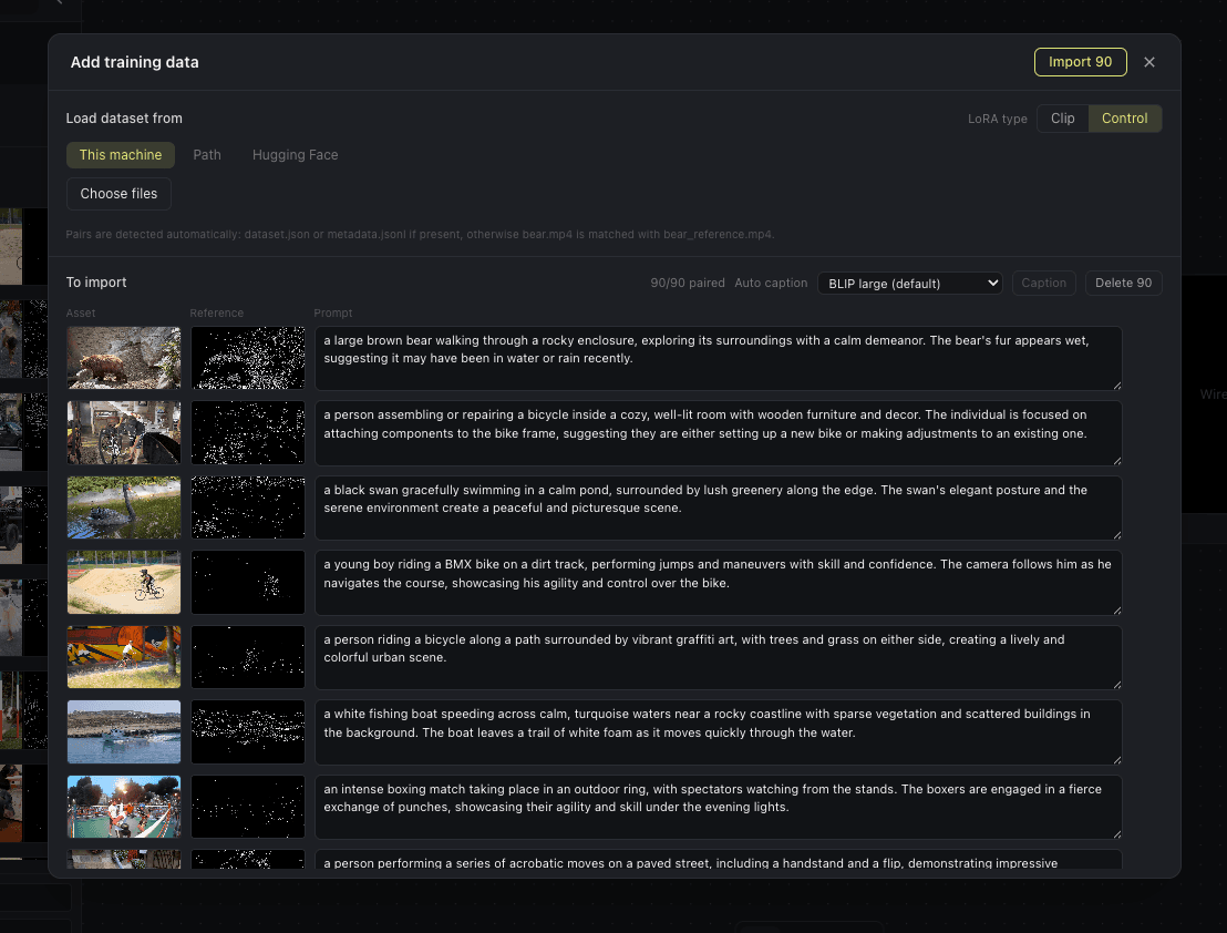 The Inline Studio dataset editor in Control mode: each row pairs an asset clip with its edge-map reference and a prompt, with 90 of 90 paired.