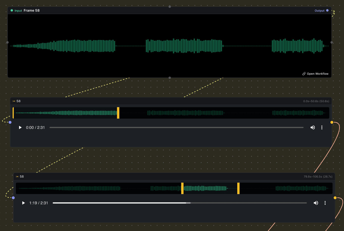 The Trim Video/Audio node in Inline Studio, trimming a clip with in and out handles dragged over its filmstrip and waveform.