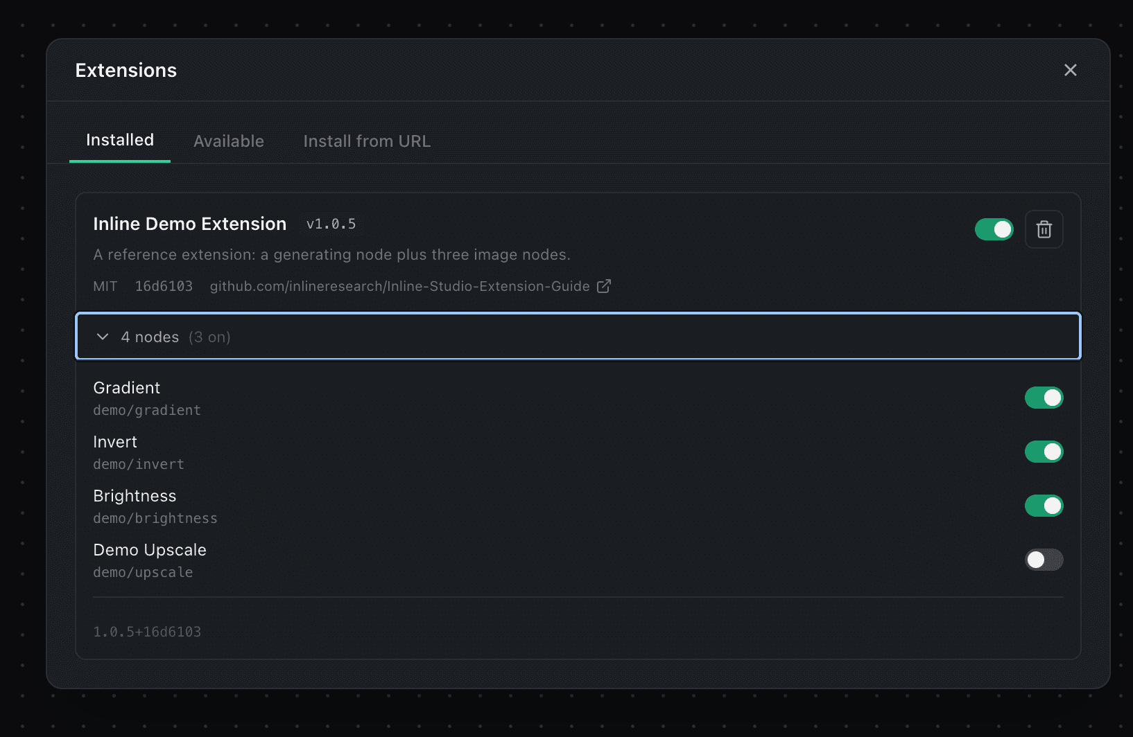 The Extensions dialog in Inline Studio, listing community extensions available to install from the registry.