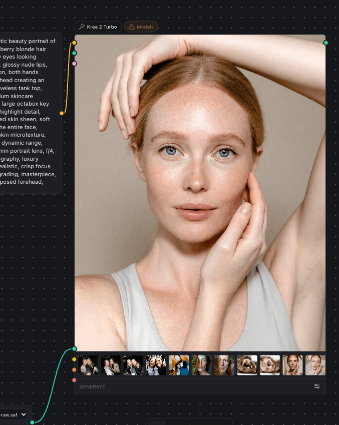 A Krea 2 Turbo node on the Inline Studio canvas, its generated portrait above a strip of every earlier take of the same shot.