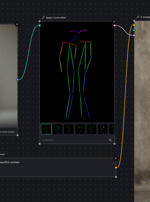 An Apply ControlNet node on the Inline Studio canvas, wired between a reference image and the next shot to hold a pose across the sequence.