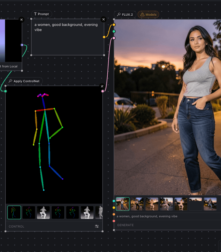 A prompt node, an Apply ControlNet node and a FLUX.2 node wired together on the Inline Studio canvas, generating a shot locally in one process.