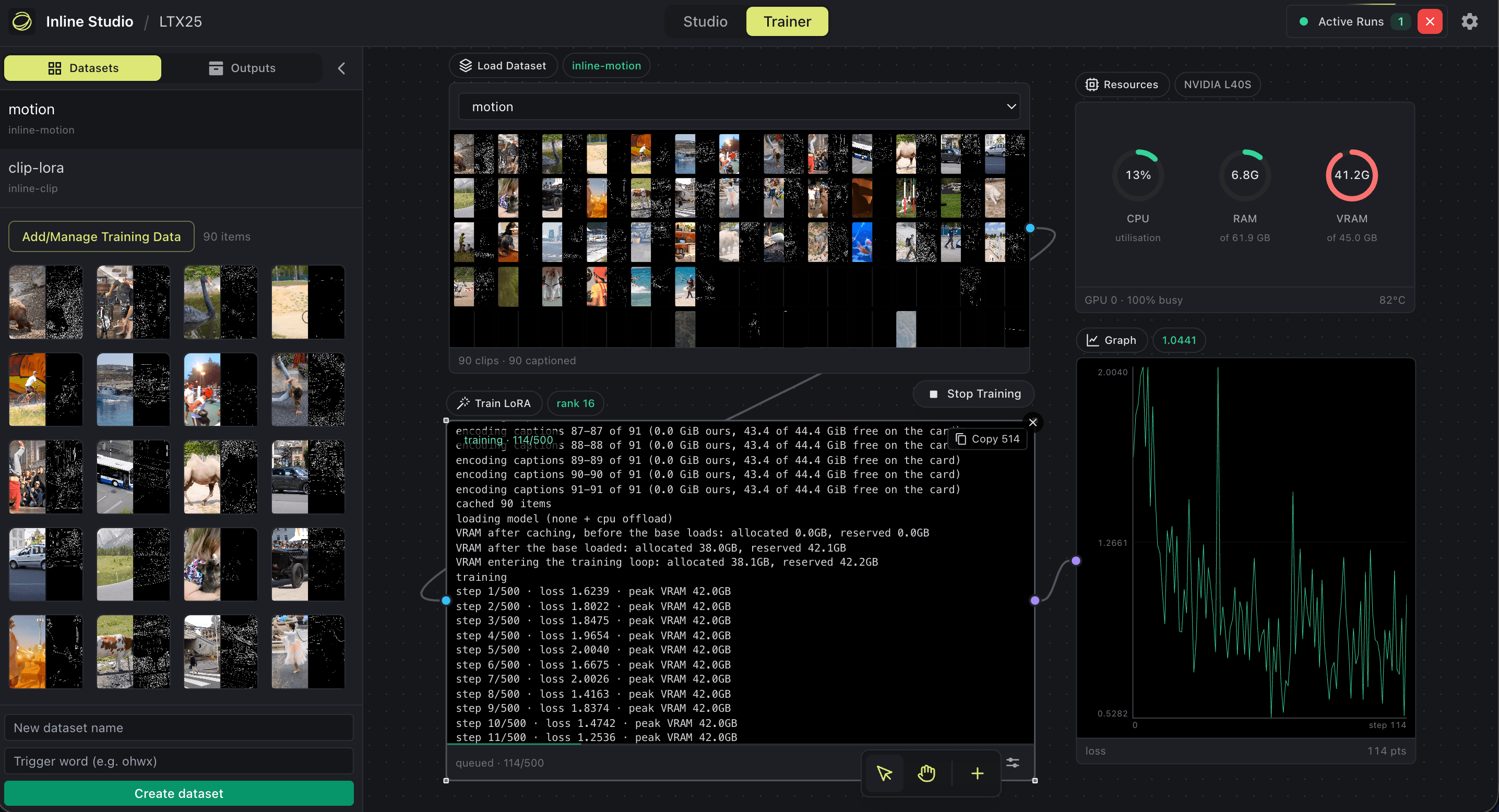 The Inline Studio Trainer running an LTX-2.5 Control LoRA: a Load Dataset node holding 90 paired clips, each tile showing the clip beside its edge map, wired into Train LoRA at rank 16, with the encode log and a VRAM readout alongside.