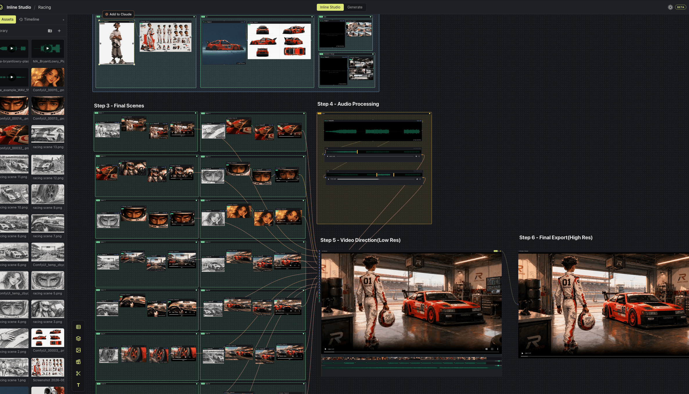The Inline Studio node canvas, building a generative pipeline frame by frame with versioned takes.