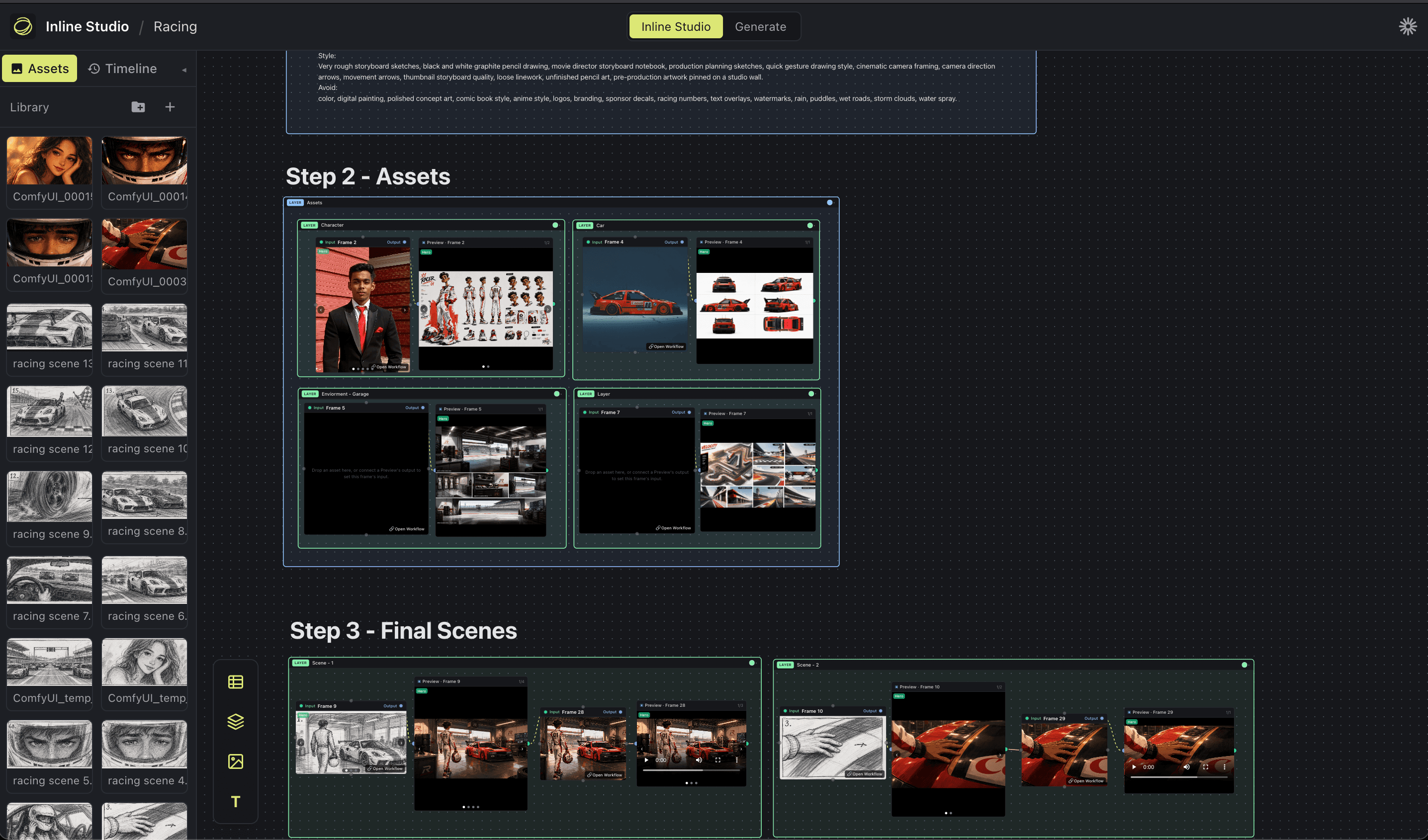 The Inline Studio node canvas, composing a film frame by frame with generated takes.