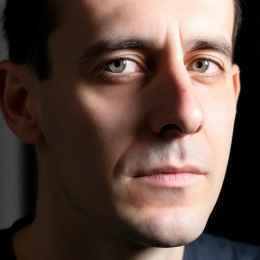 Male stubble and skin texture close-up, made with the Inline skin LoRA on Krea 2.