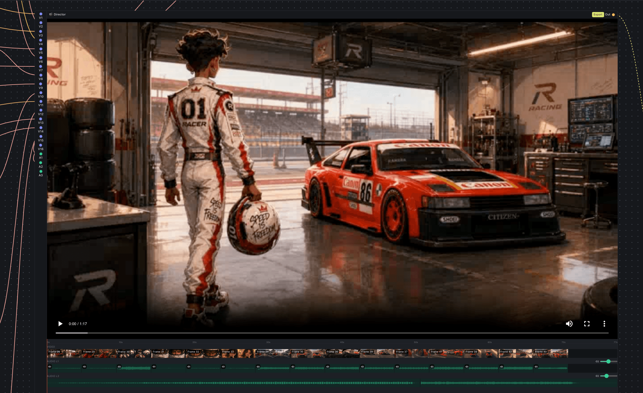 The Video Director node in Inline Studio, with a multi-track timeline of rendered frames and layered audio above an in-node video preview.