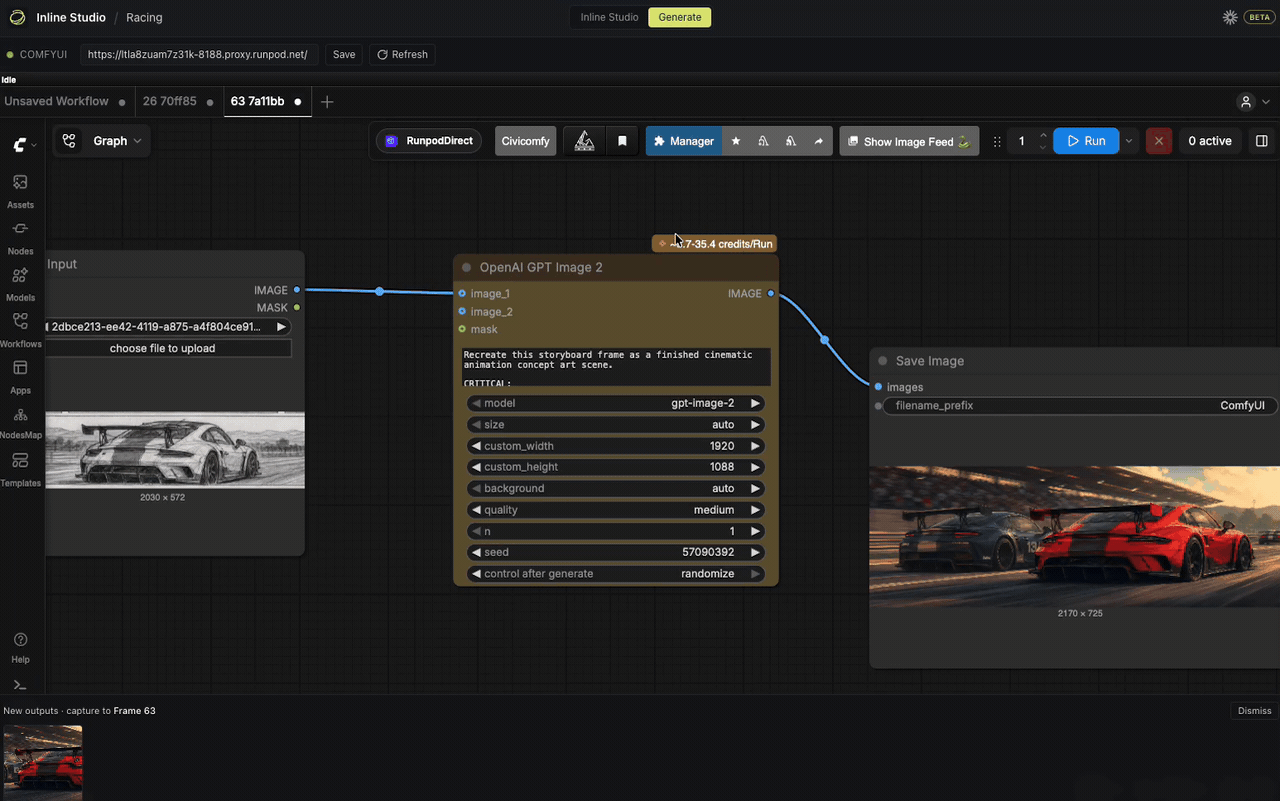 Selecting generated outputs from the bottom panel and linking them back to a frame in Inline Studio.