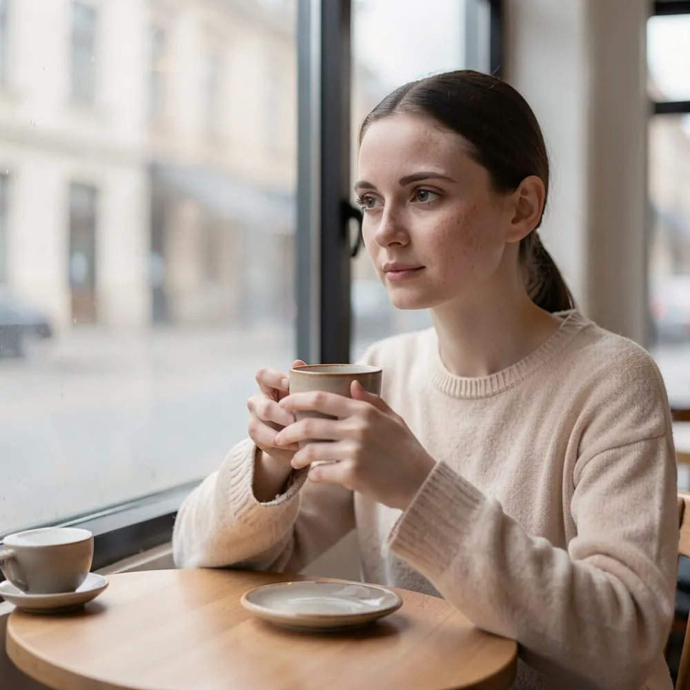 Generated shot: the character at a cafe window table, turned toward the glass, holding a ceramic cup