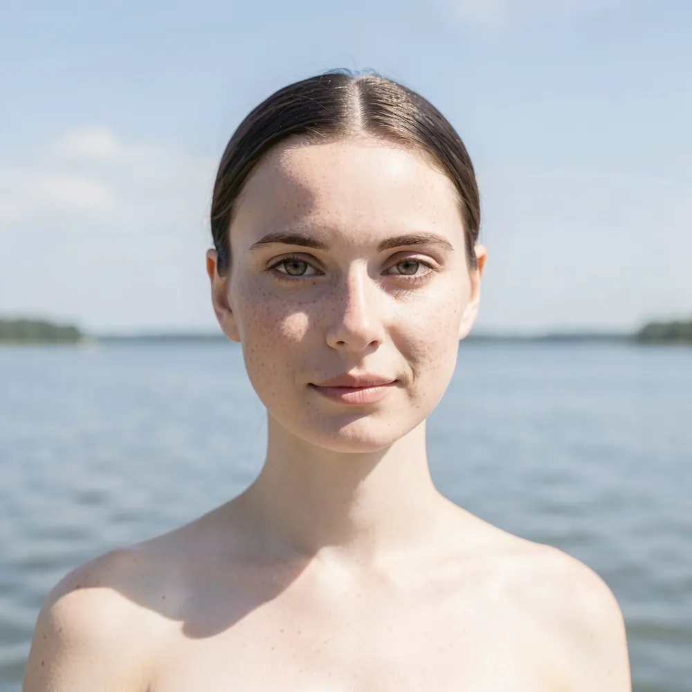 Generated shot: the character facing the camera in bright daylight with open water and sky behind her