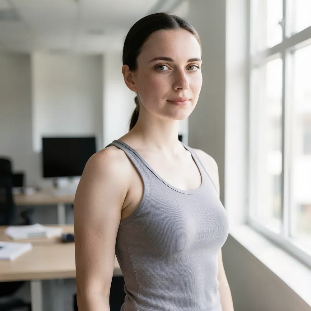 Generated shot: the character standing beside a desk in a modern office lit by a large window