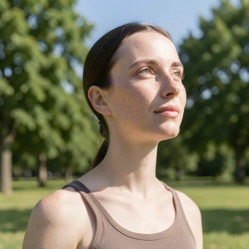 Generated shot: the character outdoors in a park, shot from a low angle against trees and sky