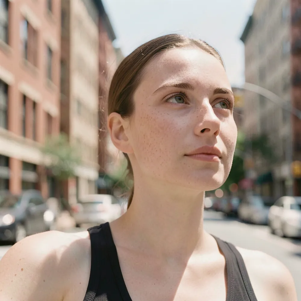 Generated shot: the character on a sunlit city street, shot from a low angle, looking off to one side