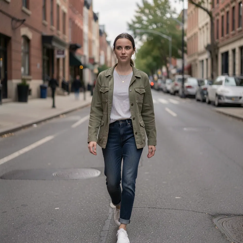 Generated shot: the character walking down the middle of a quiet street in a jacket and jeans, seen full length