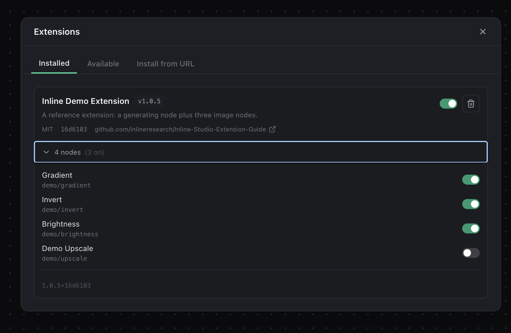 Installing a community extension from the Available tab in Inline Studio.