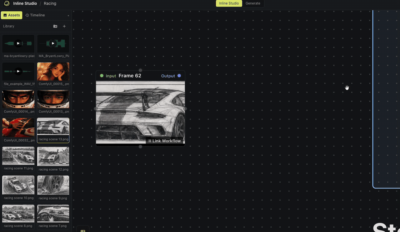 Linking a ComfyUI workflow to a frame in Inline Studio.