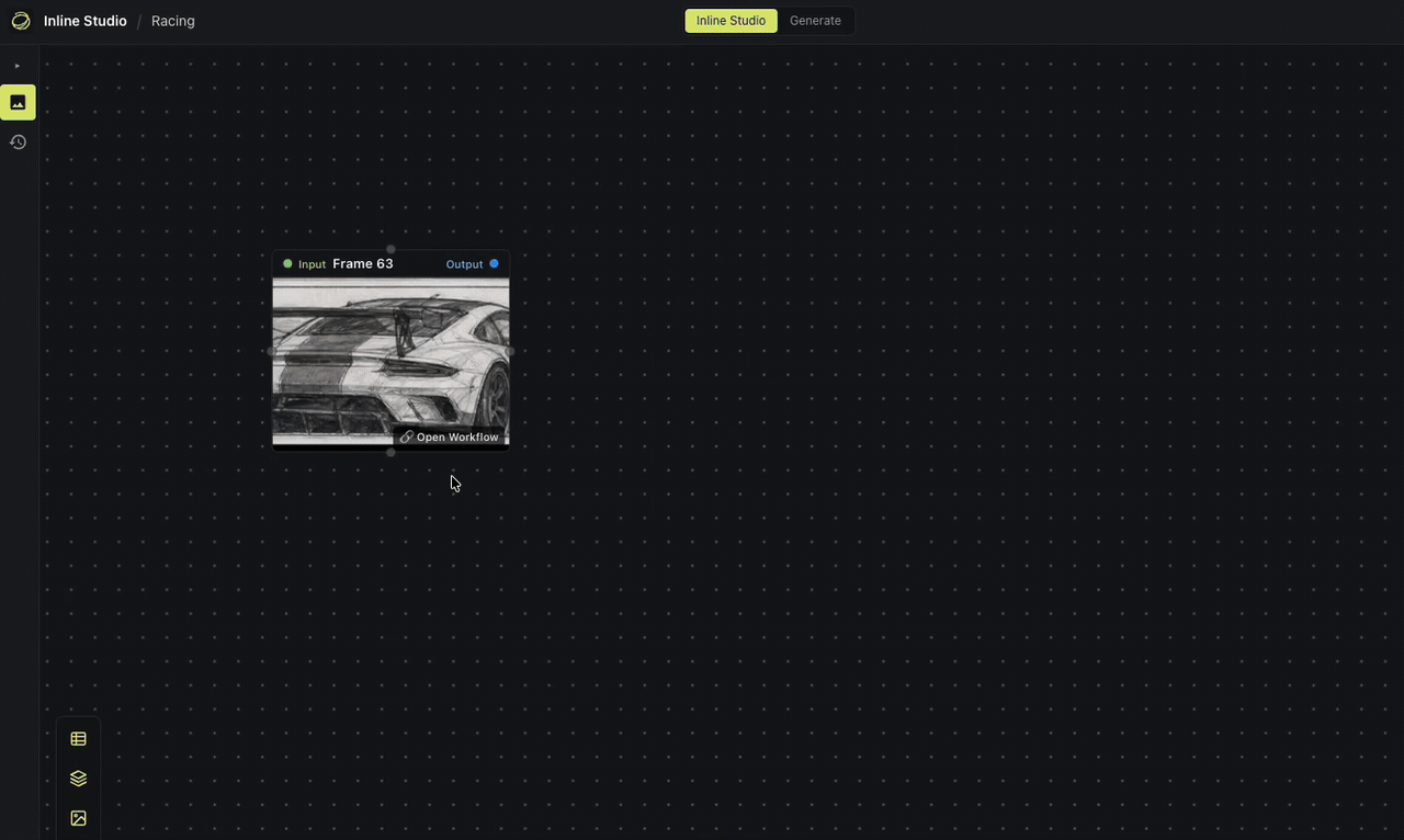 Importing a ComfyUI workflow into a frame's linked workflow and saving it in Inline Studio.