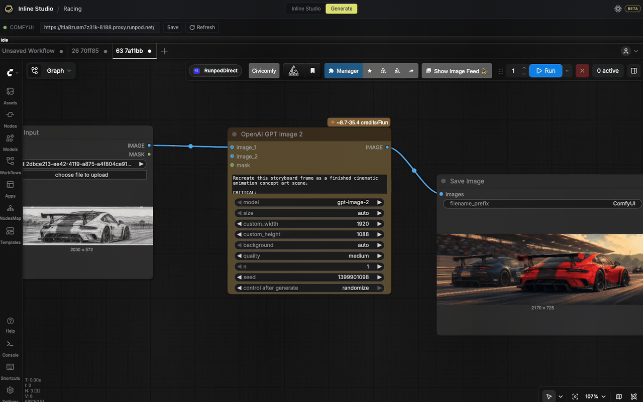 Running a frame's workflow from the Generate tab in Inline Studio.