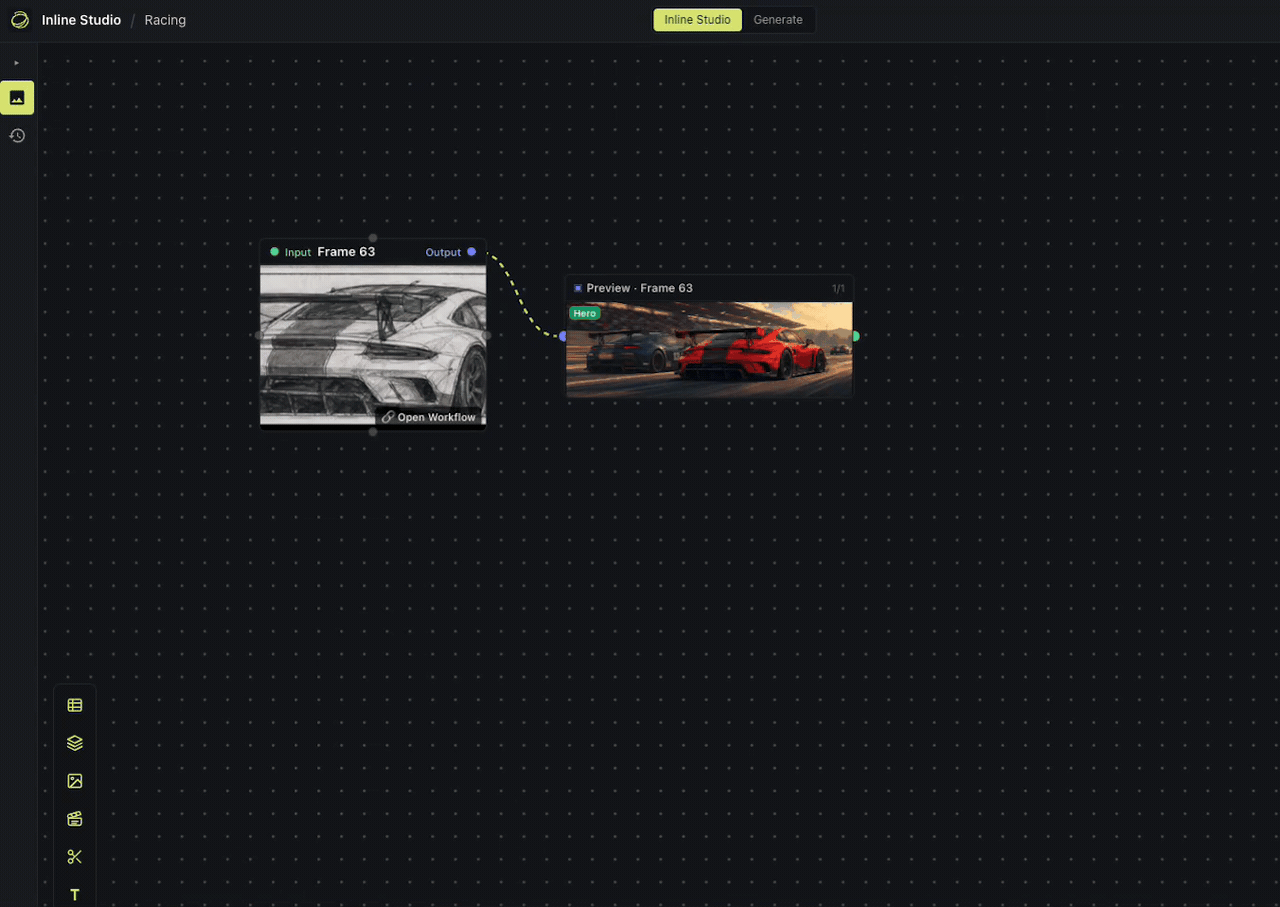 Grouping frames inside a layer on the Inline Studio canvas.