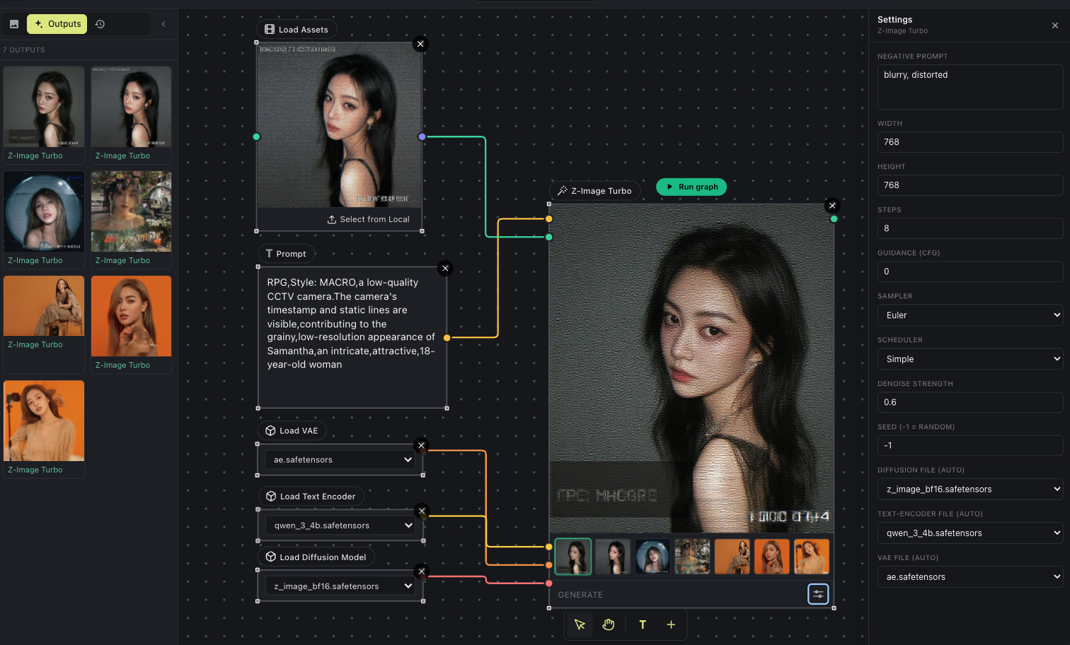 Generating a frame locally with a Z-Image Turbo node in Inline Studio.